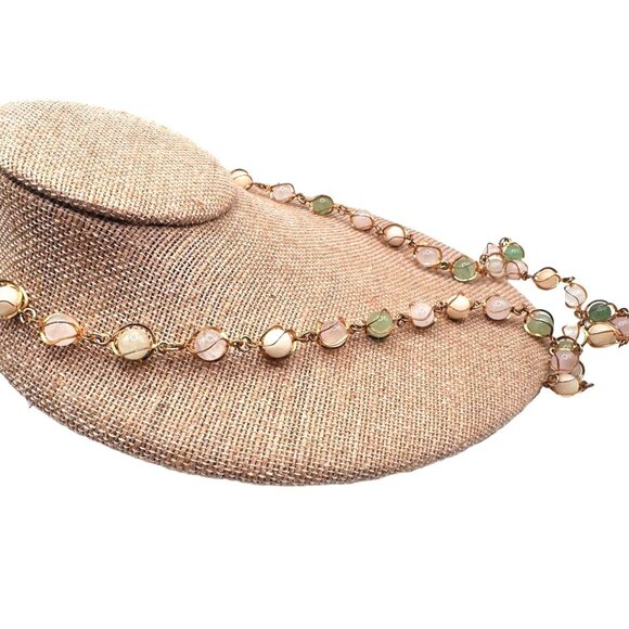Vintage Long Quartz Necklace Caged Gemstone Semi-Precious Pastel Pink Green - Picture 5 of 7